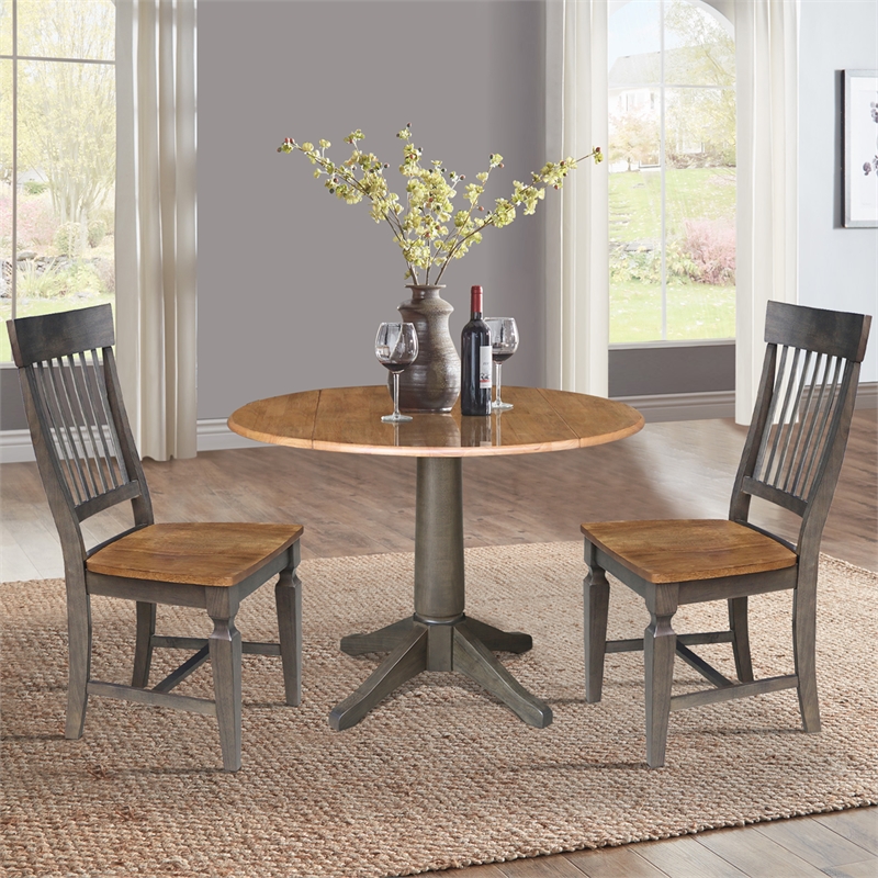 Wood 42 in. Round Drop Leaf Dining Table with 2 Chairs in Hickory/Washed Coal