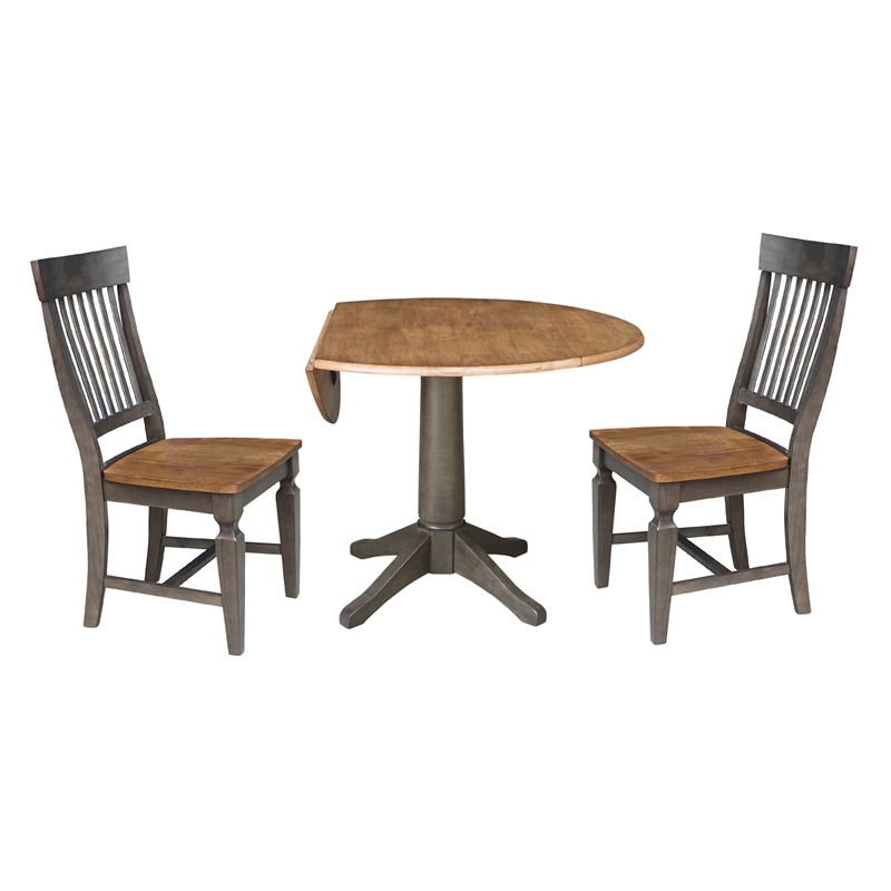 Wood 42 in. Round Drop Leaf Dining Table with 2 Chairs in Hickory/Washed Coal