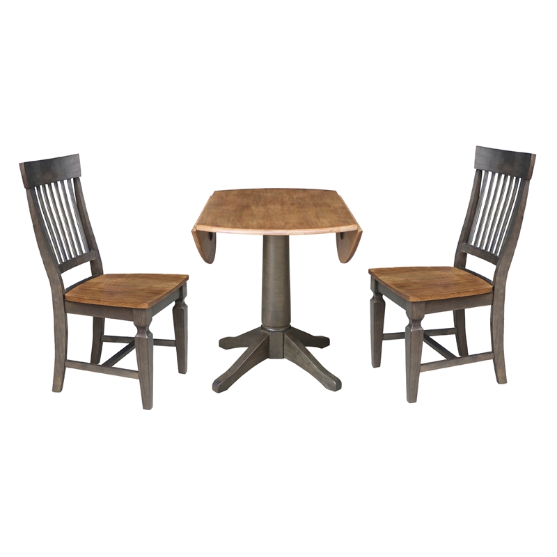 Wood 42 in. Round Drop Leaf Dining Table with 2 Chairs in Hickory/Washed Coal