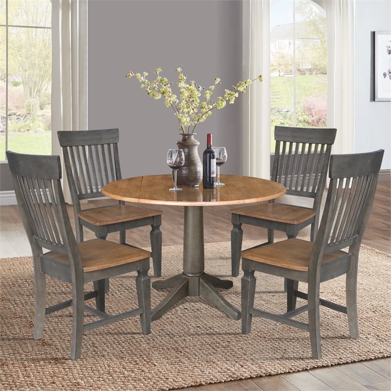 Wood 42 in. Round Drop Leaf Dining Table with 4 Chairs in Hickory/Washed Coal