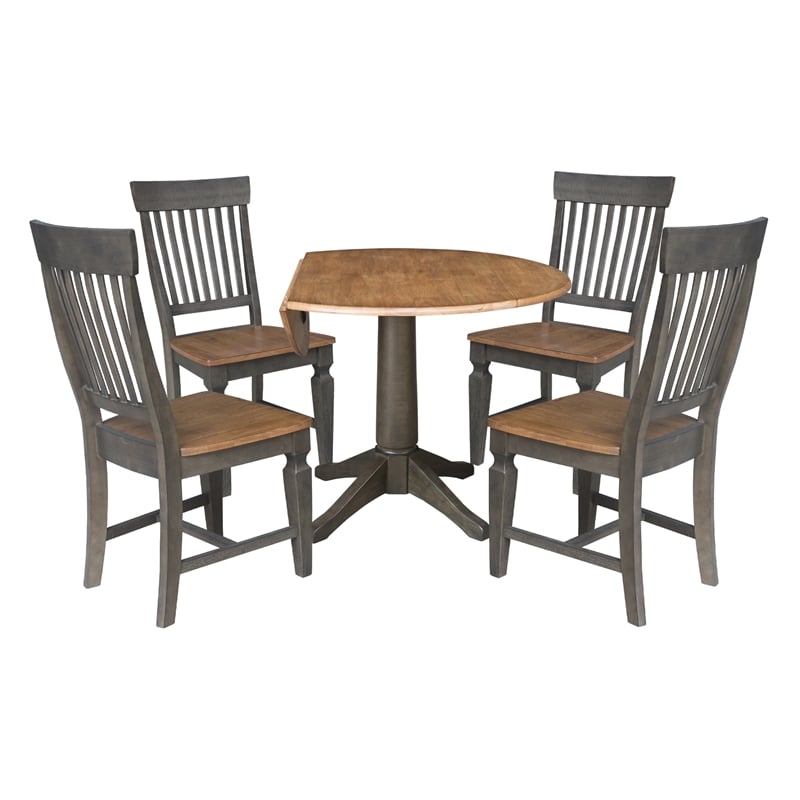 Wood 42 in. Round Drop Leaf Dining Table with 4 Chairs in Hickory/Washed Coal