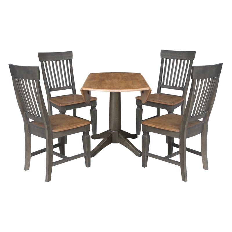 Wood 42 in. Round Drop Leaf Dining Table with 4 Chairs in Hickory/Washed Coal