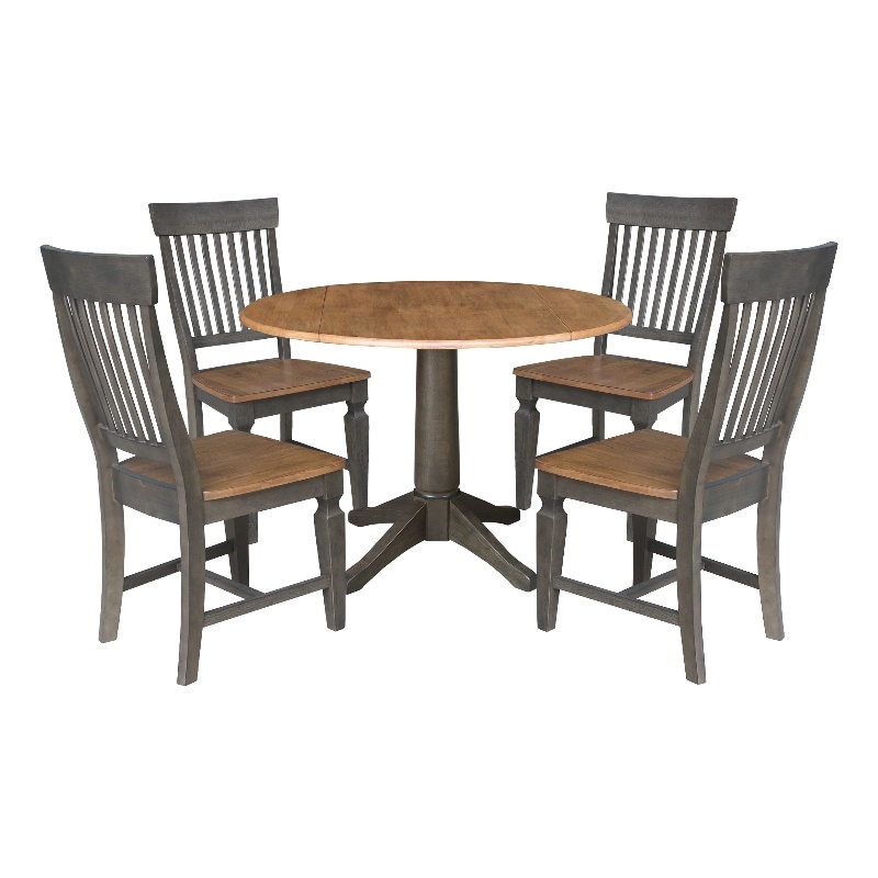 Wood 42 in. Round Drop Leaf Dining Table with 4 Chairs in Hickory/Washed Coal