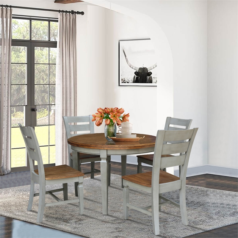 44 in Round Wood Dining Table with 4 Ladderback Chairs in Hickory/Stone