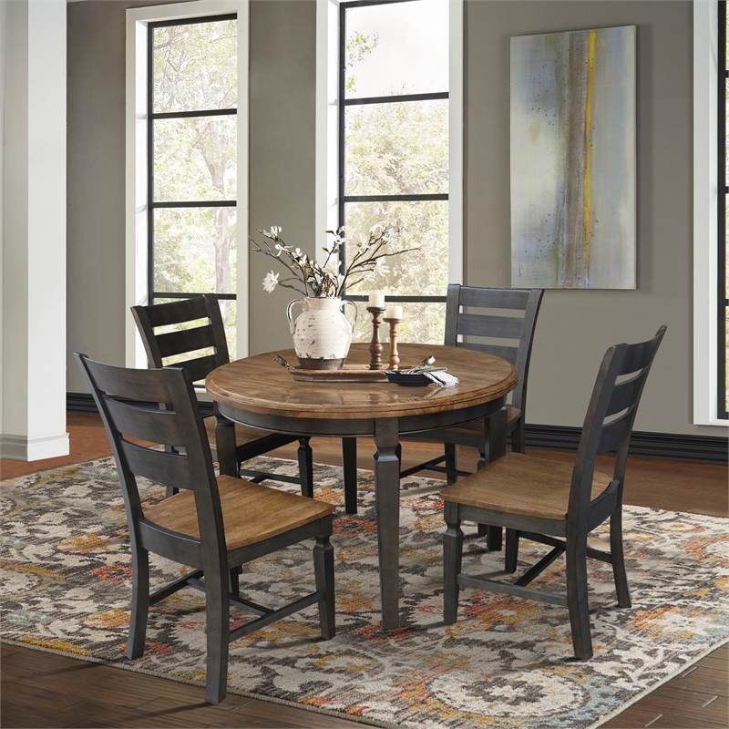 44 in Round Wood Dining Table with 4 Ladderback Chairs in Hickory/Washed Coal