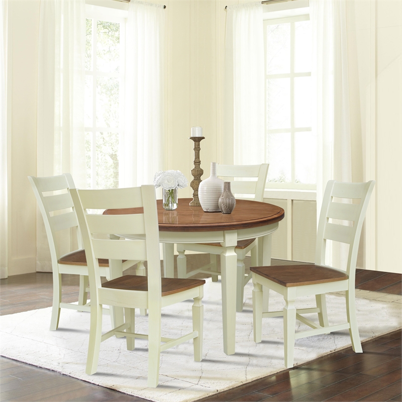 44 in Round Wood Dining Table with 4 Ladderback Chairs in Hickory/Shell