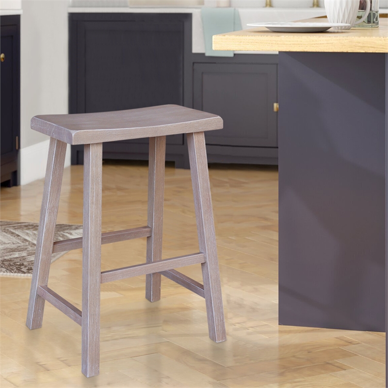 Saddle Seat Counter Height Wood Stool in Washed Gray Taupe with 24 in Seat