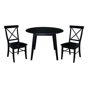 42&quot Round Solid Wood Dual Drop Leaf Table with 2 Chairs in Black