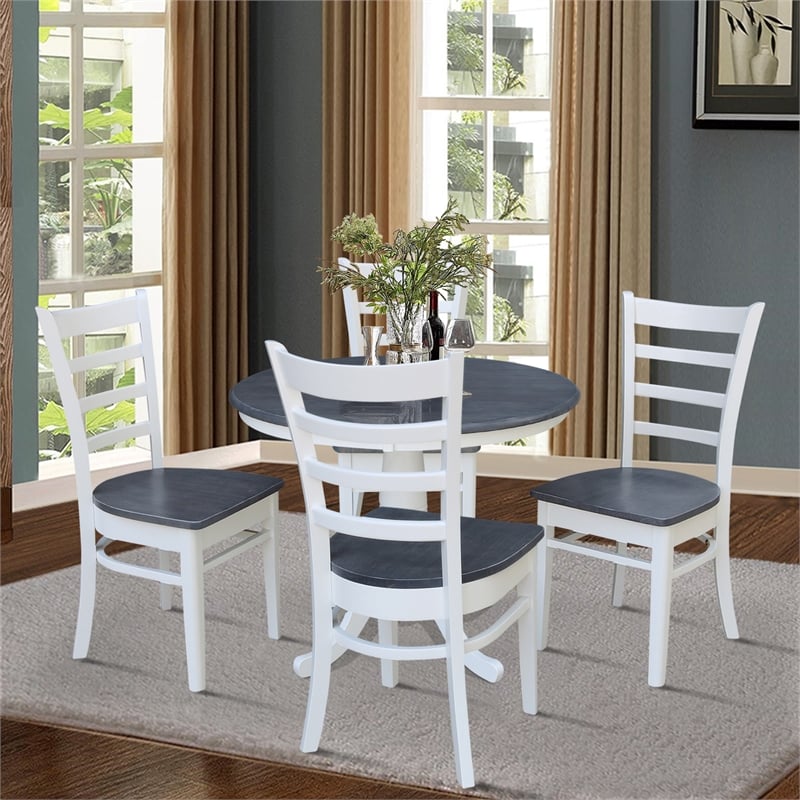 36 in Wood Dining Table with 4 Emily Chairs in White/Heather Gray