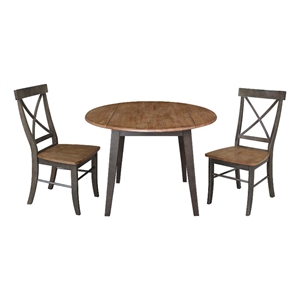 42&quot Round Solid Wood Dual Drop Leaf Table with 2 Chairs in Hickory/Washed Coal