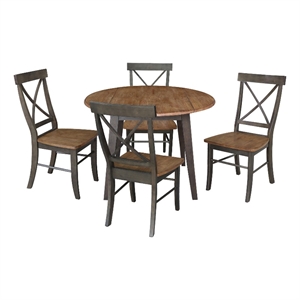 42&quot Round Solid Wood Dual Drop Leaf Table with 4 Chairs in Hickory/Washed Coal