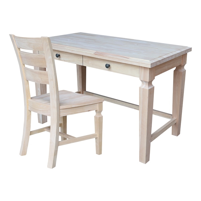 Vista Solid Wood Desk with 2 Drawers and Chair in Unfinished