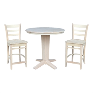 36&quot Solid Wood Round Counter Height Extension Table with 12&quot Leaf and 2 Stools