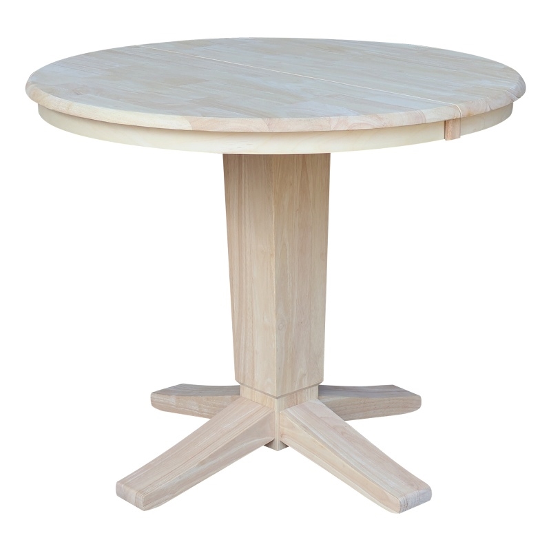 36 in Solid Wood Round Top Pedestal Dining Table with 12 in Leaf in Unfinished