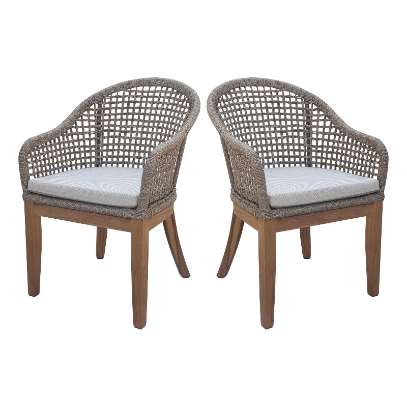 Set of Two Outdoor Teak Patio Dining Chair with Cushions - Natural