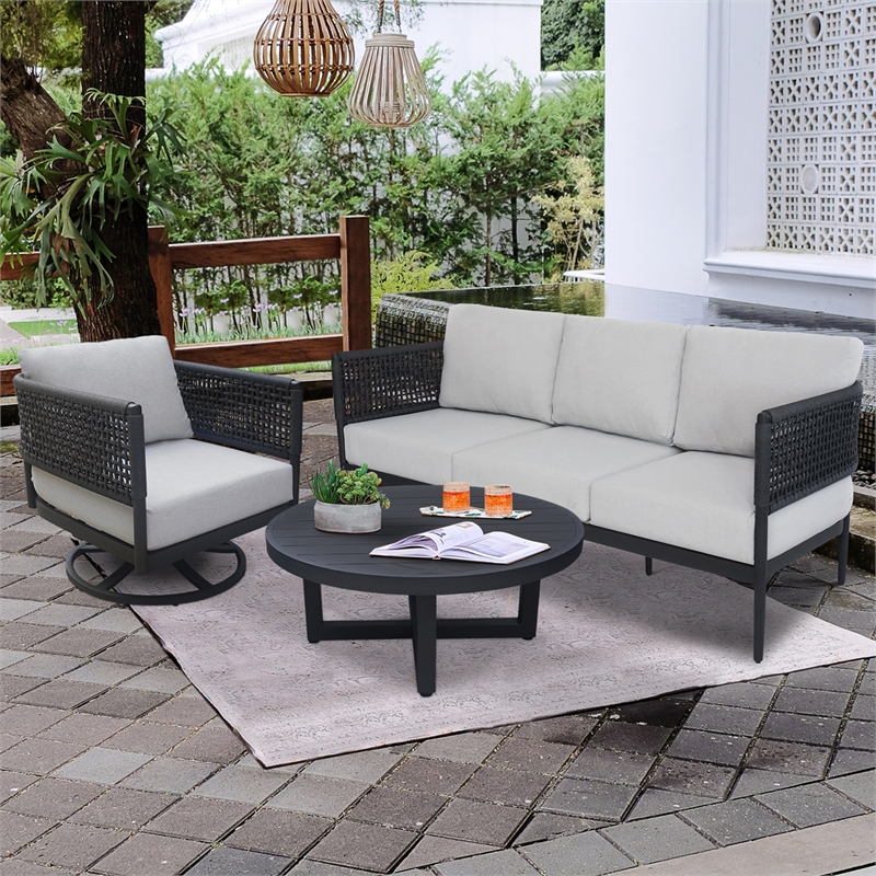 Outdoor Aluminum Patio Set With Sofa Coffee Table and Swivel Rocking Chair