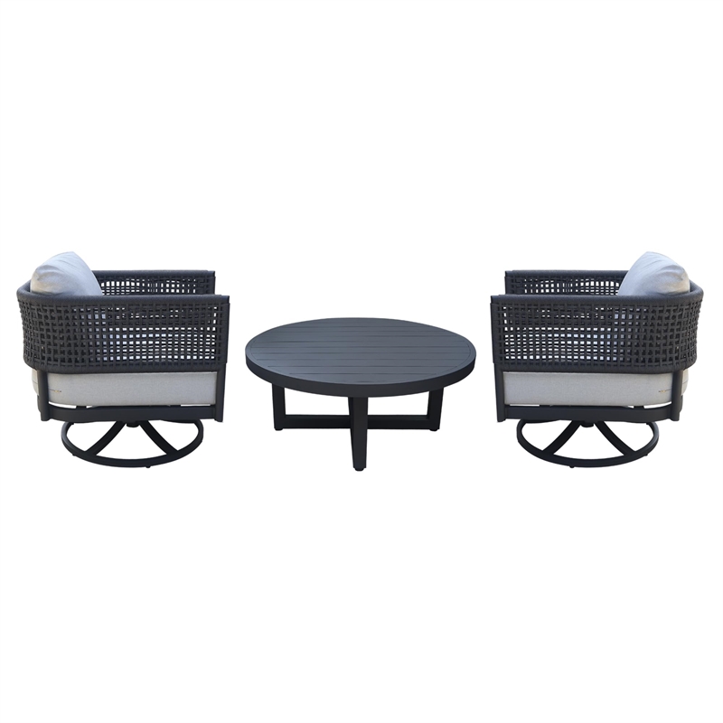 Outdoor Woven Abaca Rope Patio Set With Coffee Table and 2 Swivel Rocking Chairs
