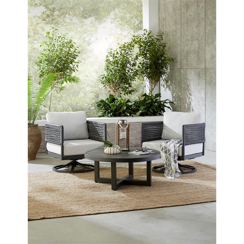 Outdoor Woven Abaca Rope Patio Set With Coffee Table and 2 Swivel Rocking Chairs
