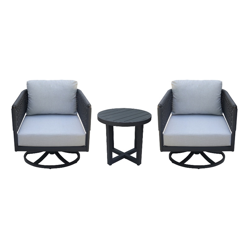 Outdoor Woven Abaca Rope Patio Set with End Table and 2 Swivel Rocking Chairs