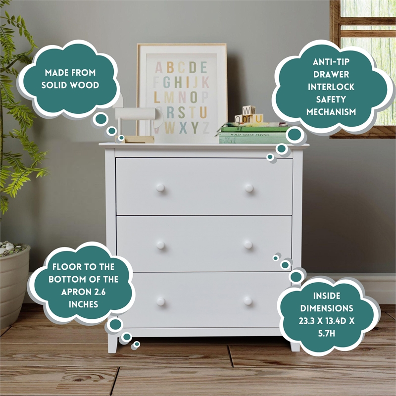 International Concepts Solid Wood Bedroom Dresser/Chest with 3 Drawers in White