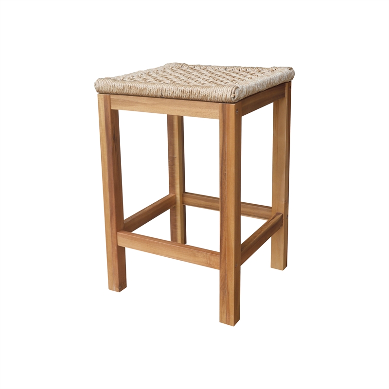 Outdoor Set of Two Stools with Wicker Seats With Oil Finish