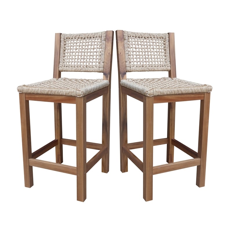Outdoor Set of Two Stool with Wicker Seats and Back With Oil Finish