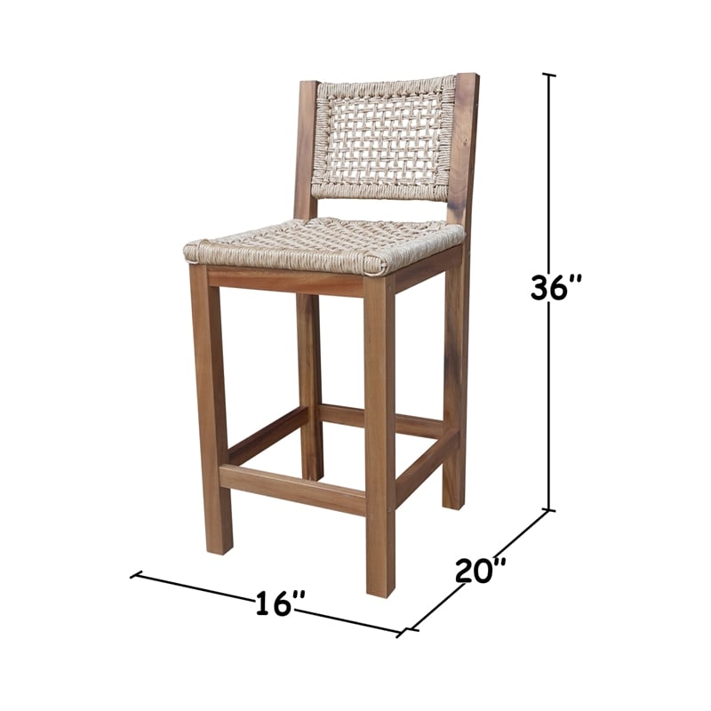 Outdoor Set of Two Stool with Wicker Seats and Back With Oil Finish