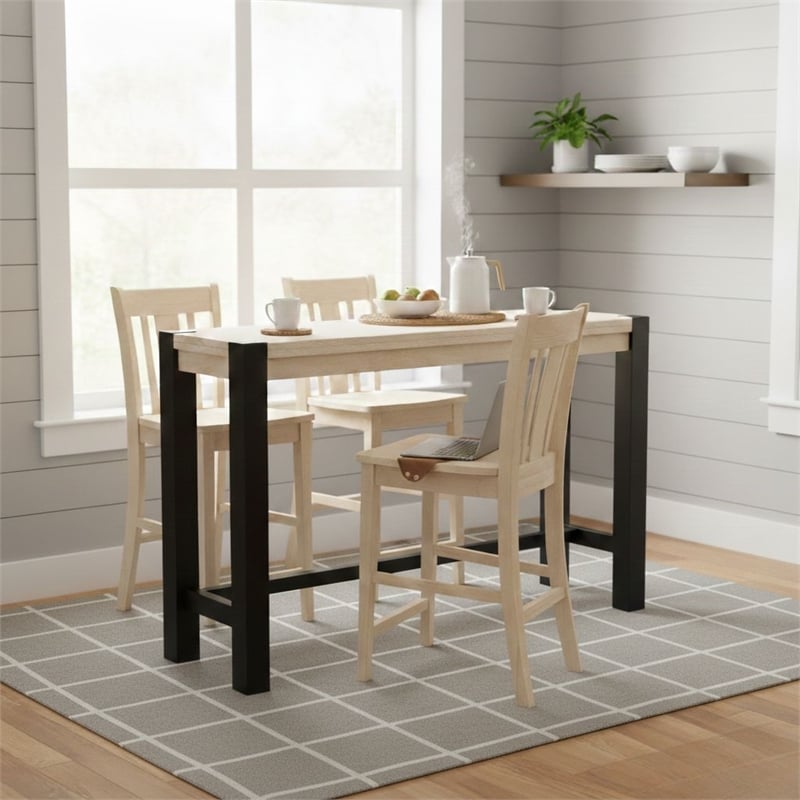 Solid Wood Tall Accent Table with Black Iron Legs and Four Stools