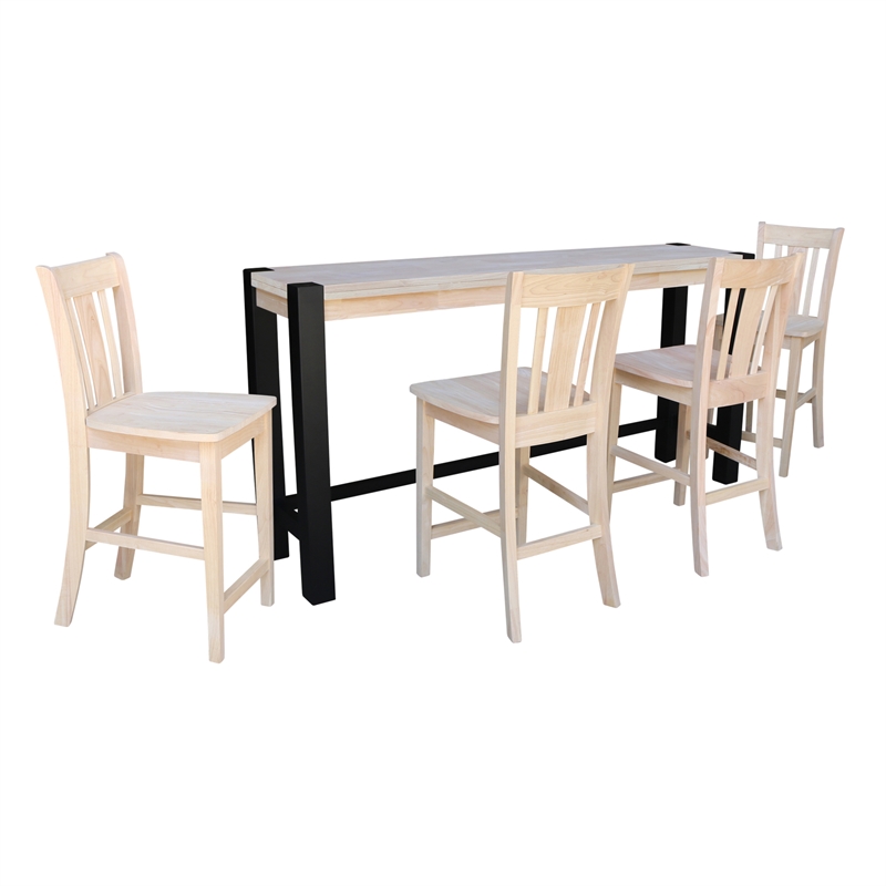 Solid Wood Tall Accent Table with Black Iron Legs and Four Stools