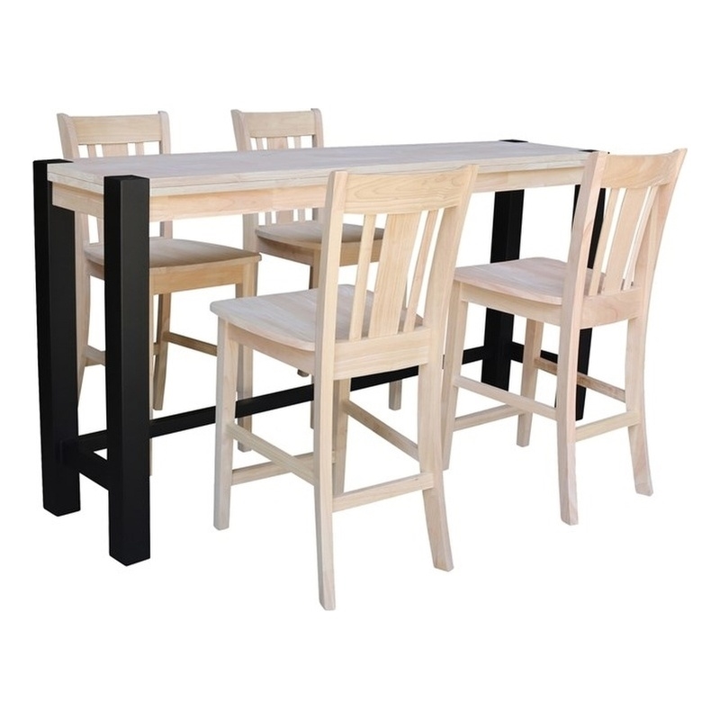 Solid Wood Tall Accent Table with Black Iron Legs and Four Stools