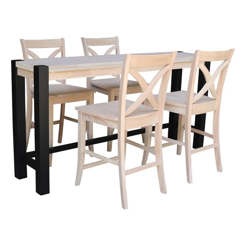 Solid Wood Tall Accent Table with Black Iron Legs and Four Stools
