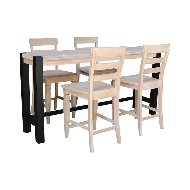 Unfinished Solid Wood Tall Accent Table with Black Iron Legs and Four Stools