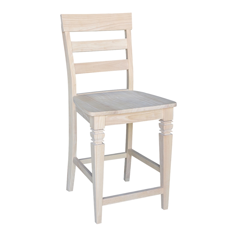 Unfinished Solid Wood Tall Accent Table with Black Iron Legs and Four Stools