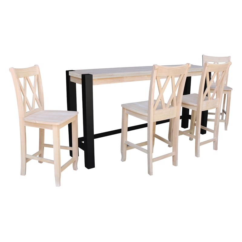 Unfinished Solid Wood Tall Accent Table with Black Iron Legs and Four Stools