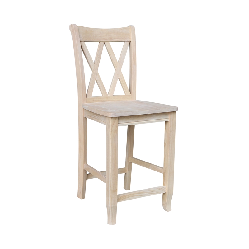 Unfinished Solid Wood Tall Accent Table with Black Iron Legs and Four Stools