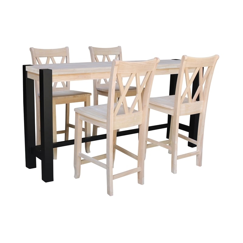 Unfinished Solid Wood Tall Accent Table with Black Iron Legs and Four Stools