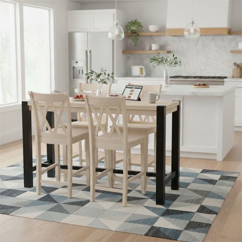 Unfinished Solid Wood Tall Accent Table with Black Iron Legs and Four Stools