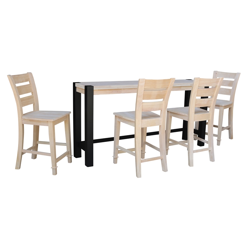 Unfinished Solid Wood Tall Accent Table with Black Iron Legs and Four Stools