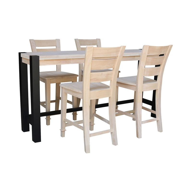 Unfinished Solid Wood Tall Accent Table with Black Iron Legs and Four Stools