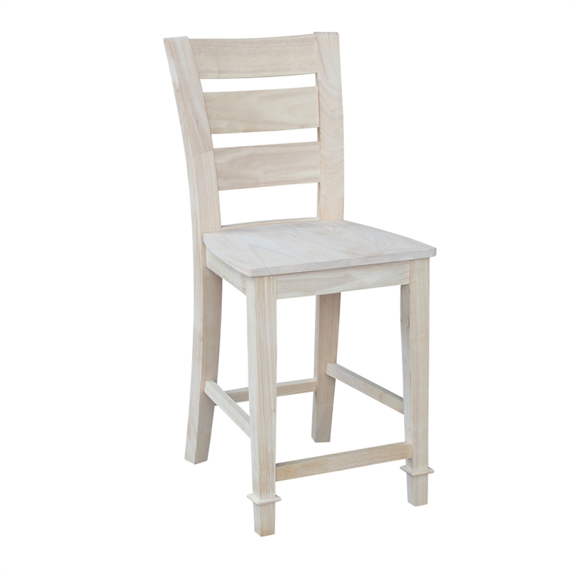 Unfinished Solid Wood Tall Accent Table with Black Iron Legs and Four Stools
