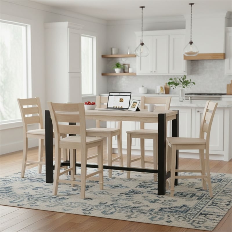 Unfinished Solid Wood Tall Accent Table with Black Iron Legs and Four Stools