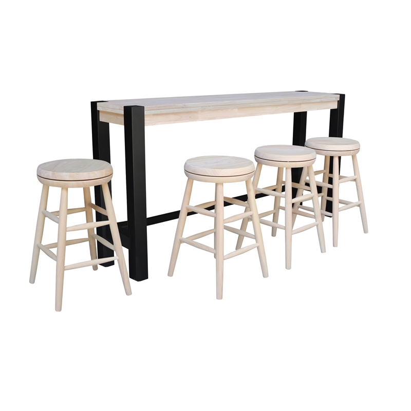 Unfinished Solid Wood Tall Accent Table with Black Iron Legs and Four Stools