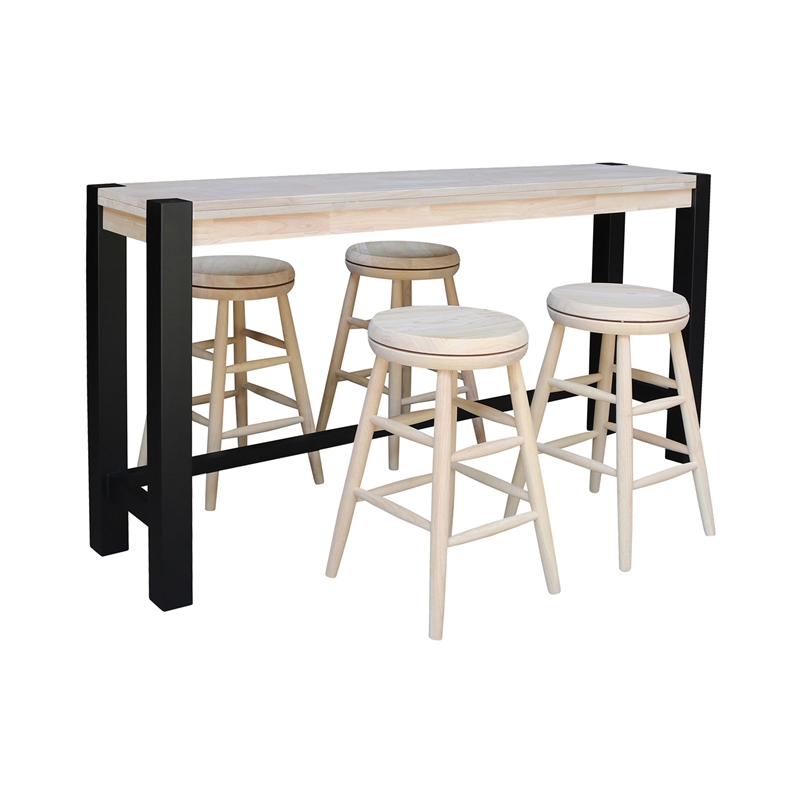 Unfinished Solid Wood Tall Accent Table with Black Iron Legs and Four Stools
