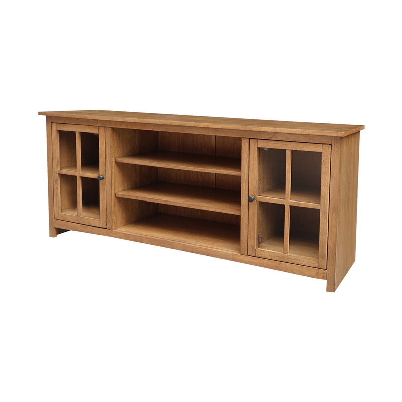 Solid Wood TV Stand Console with Glass Doors and Open Shelves