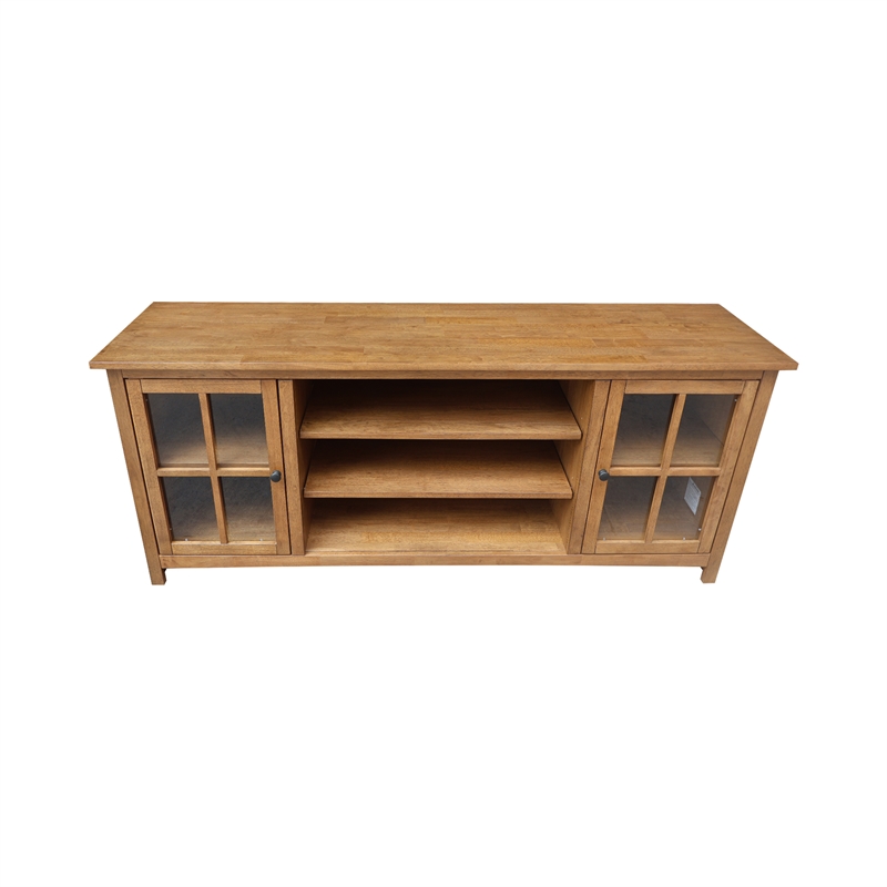 Solid Wood TV Stand Console with Glass Doors and Open Shelves
