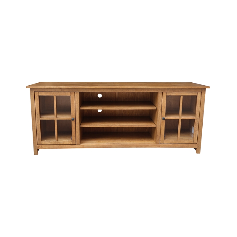 Solid Wood TV Stand Console with Glass Doors and Open Shelves