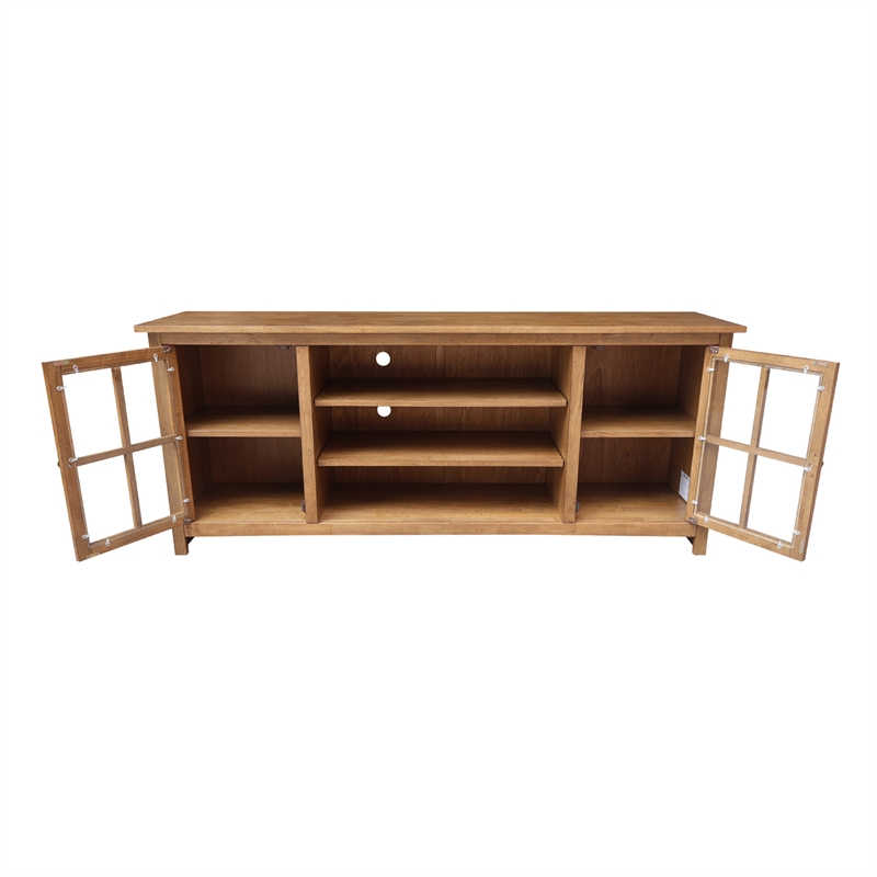 Solid Wood TV Stand Console with Glass Doors and Open Shelves