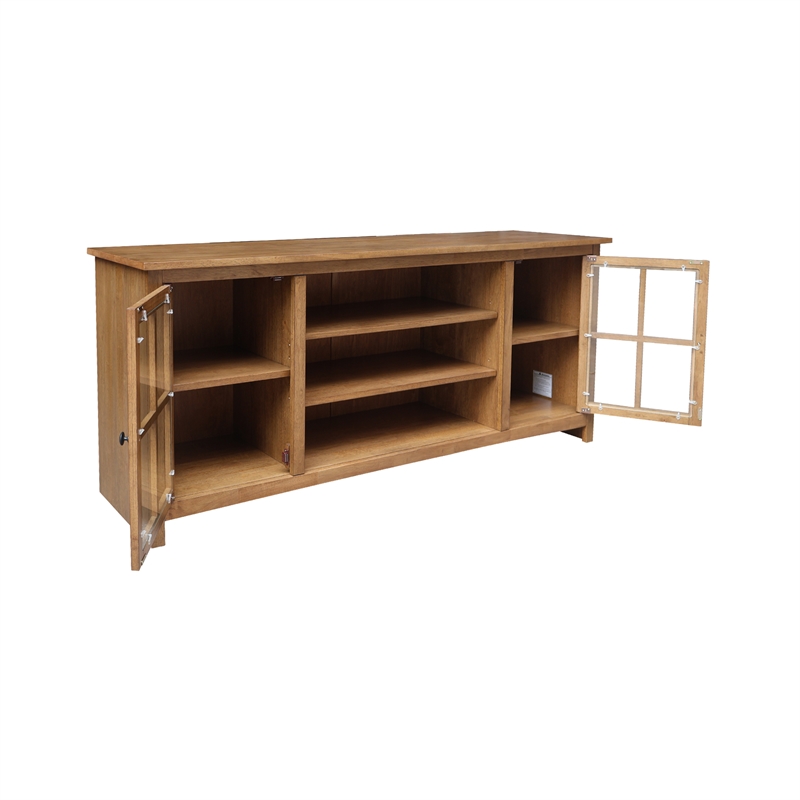 Solid Wood TV Stand Console with Glass Doors and Open Shelves