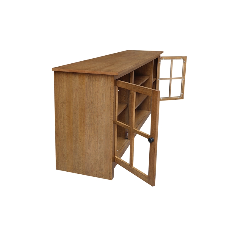 Solid Wood TV Stand Console with Glass Doors and Open Shelves