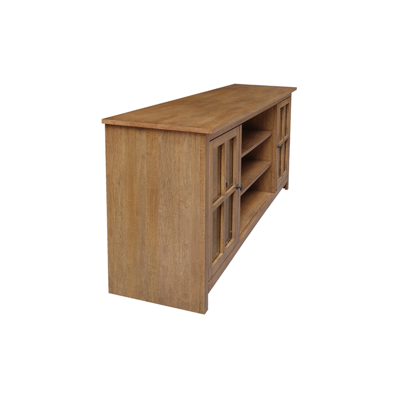Solid Wood TV Stand Console with Glass Doors and Open Shelves